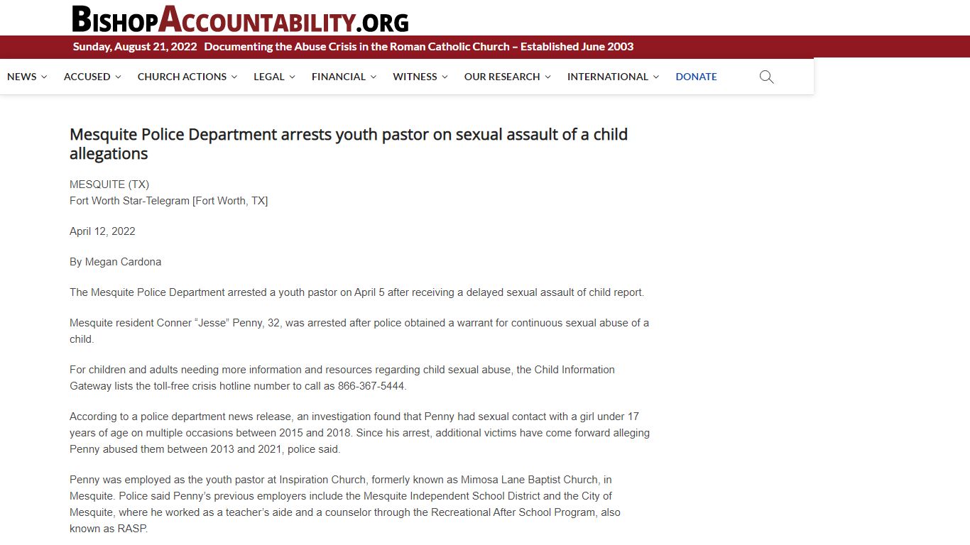 Mesquite Police Department arrests youth pastor on sexual assault of a ...